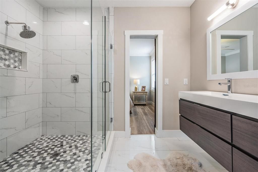 Bathroom, Glass Shower, Interior, Marble, Marble Walls, Wood Texture Flooring