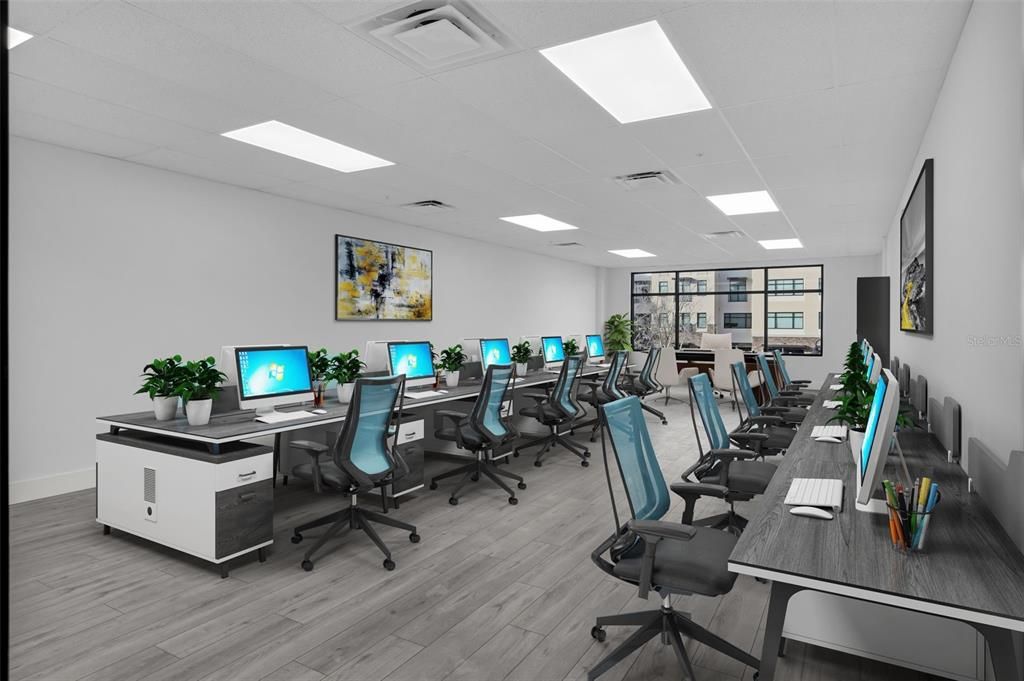 Home Office, Interior, Recessed Lighting, Wood Texture Flooring