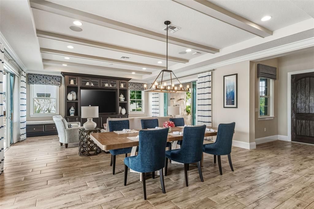 Chandelier, Dining room, Interior, Living room, Recessed Lighting, Wooden Beams, Wood Texture Flooring
