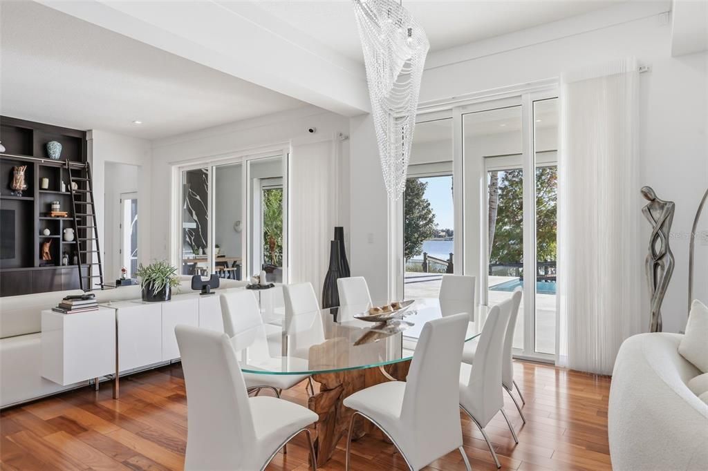 Dining room, Interior, Living room, Recessed Lighting, Water, Wood Texture Flooring