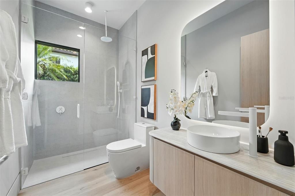 Bathroom, Glass Shower, Interior, Recessed Lighting, Wood Texture Flooring