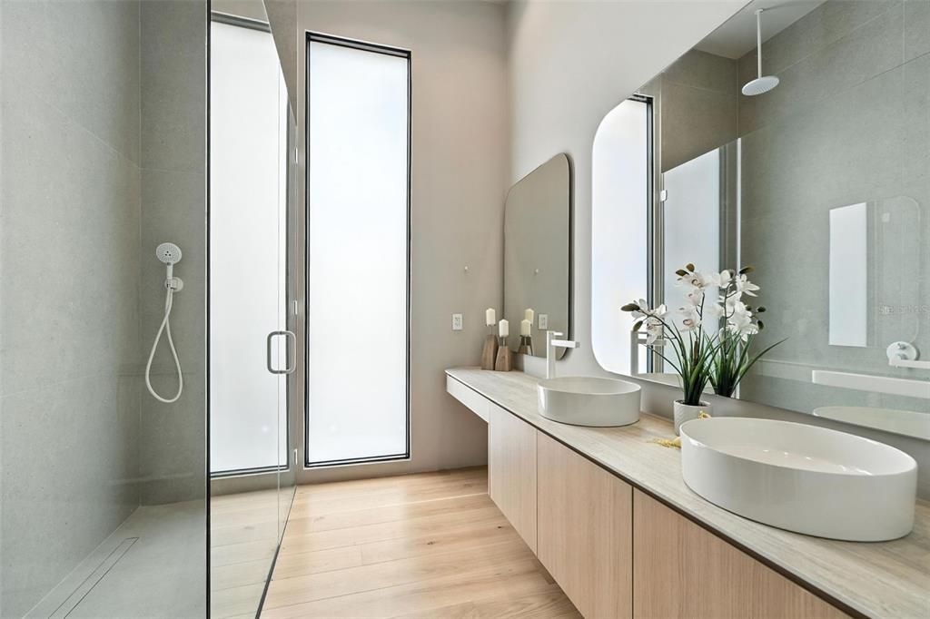 Bathroom, Dual Sink Vanities, Glass Shower, Interior, Wood Texture Flooring