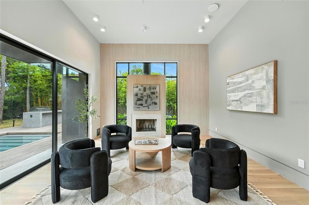 Fireplace, Interior, Living room, Recessed Lighting, Wood Texture Flooring