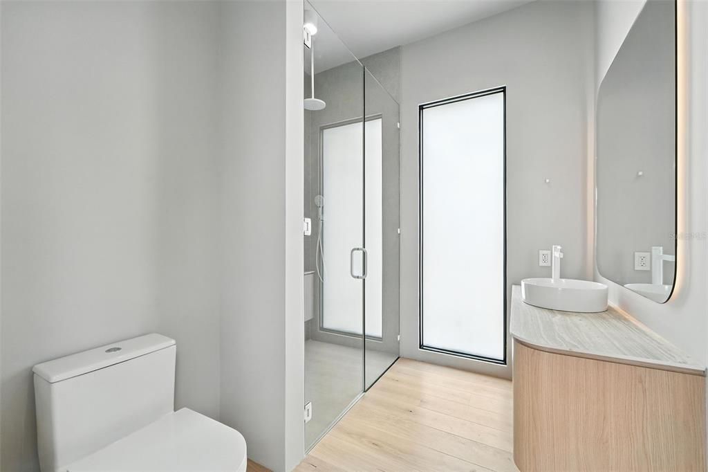 Bathroom, Glass Shower, Interior, Wood Texture Flooring