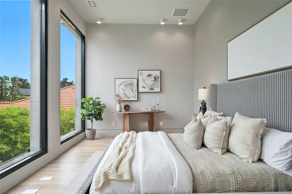 Bedroom, Interior, Recessed Lighting, Wood Texture Flooring