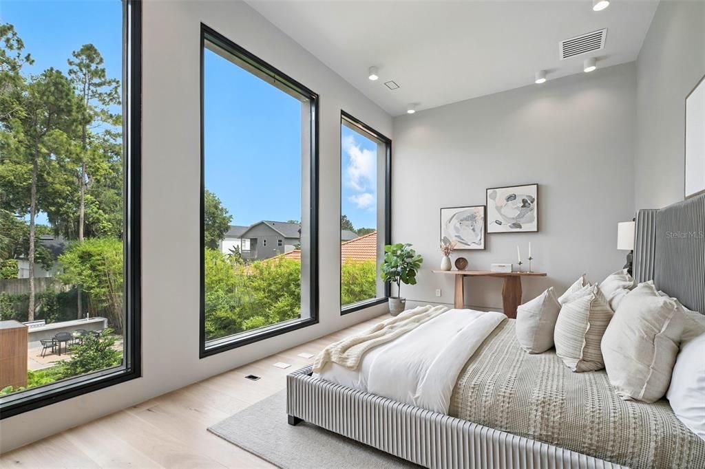 Bedroom, Interior, Recessed Lighting, Wood Texture Flooring