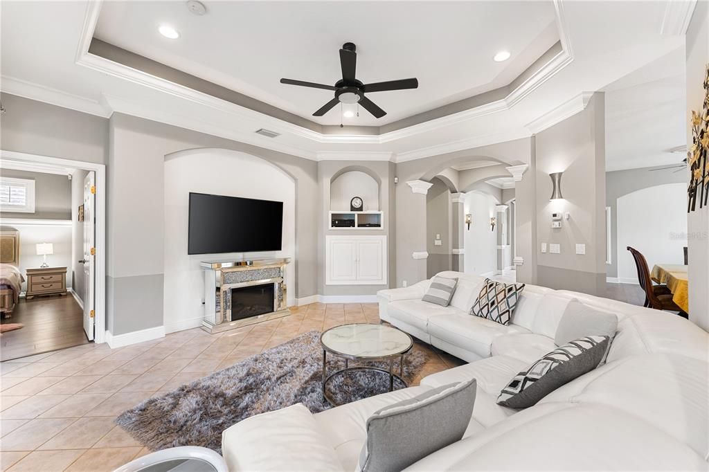 Dining room, Fireplace, Interior, Living room, Recessed Lighting