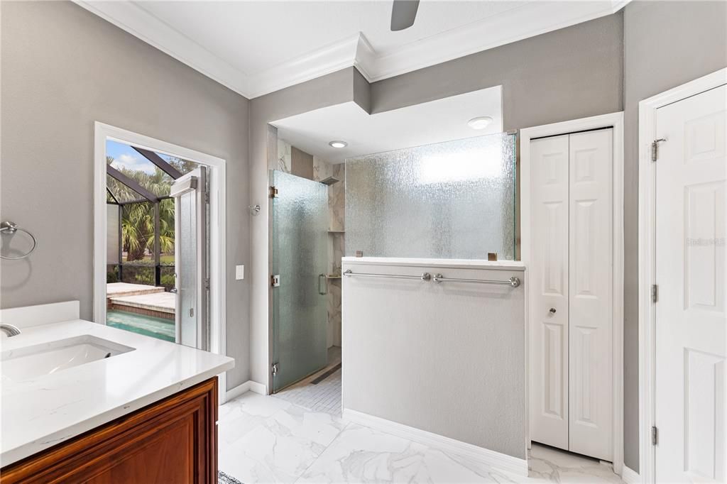 Bathroom, Glass Shower, Interior, Marble, Recessed Lighting