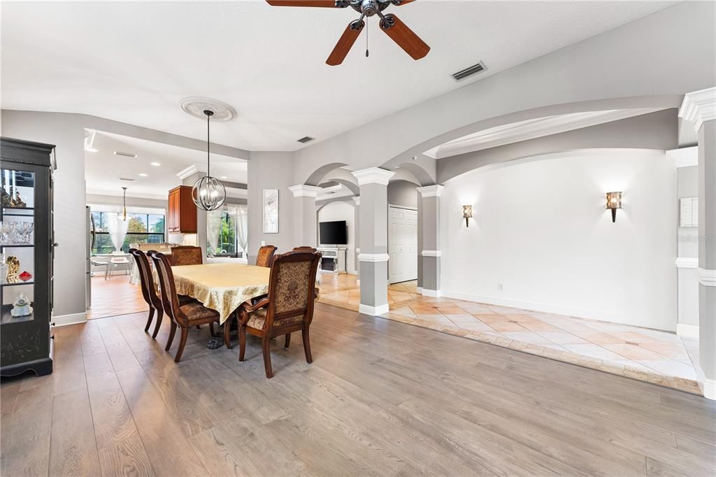 Dining room, Interior, Pendant Lights, Recessed Lighting, Wood Texture Flooring