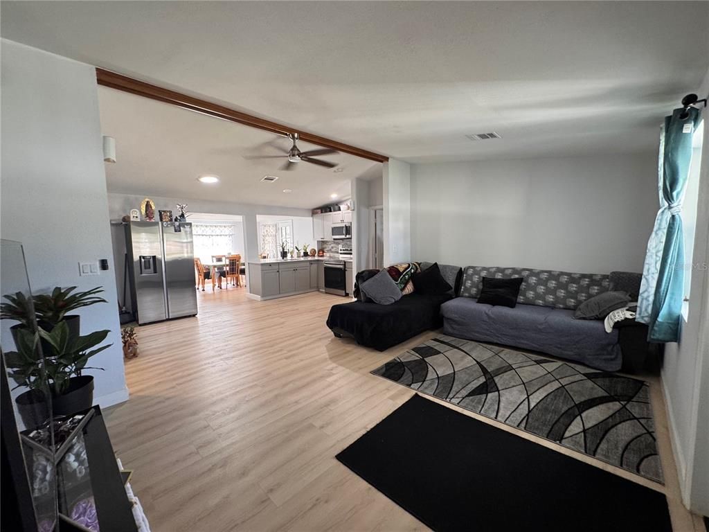 Interior, Kitchen, Living room, Recessed Lighting, Stainless Steel Appliances, Wood Texture Flooring