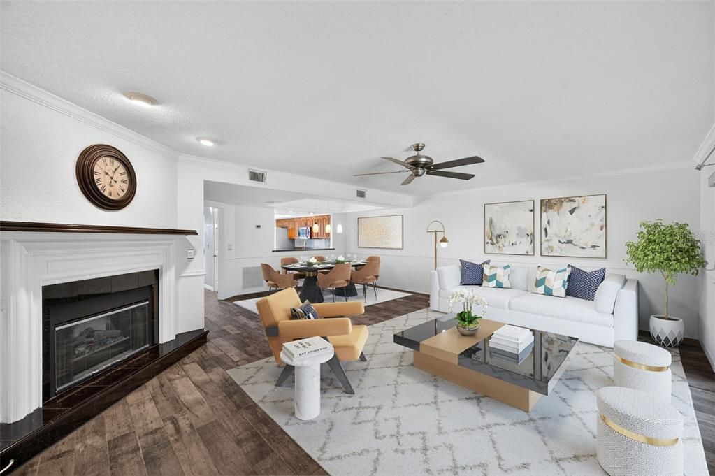 Dining room, Fireplace, Interior, Living room, Recessed Lighting, Wood Texture Flooring