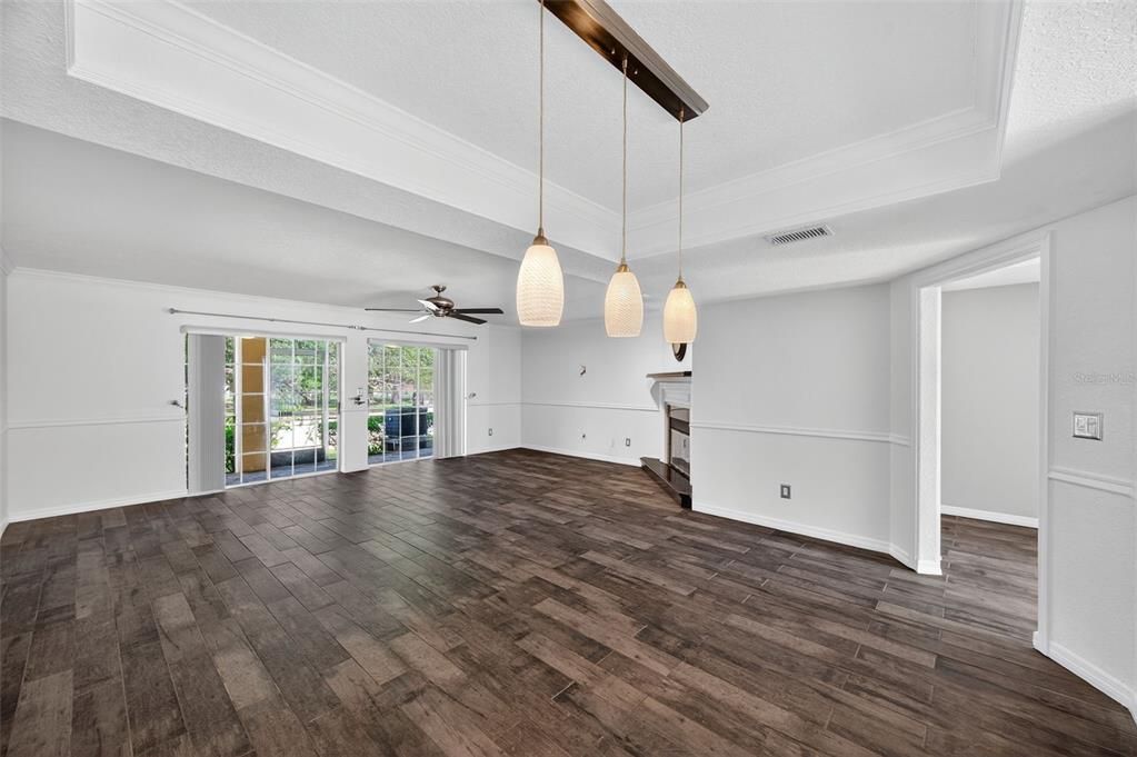 Empty room, Interior, Pendant Lights, Wood Texture Flooring