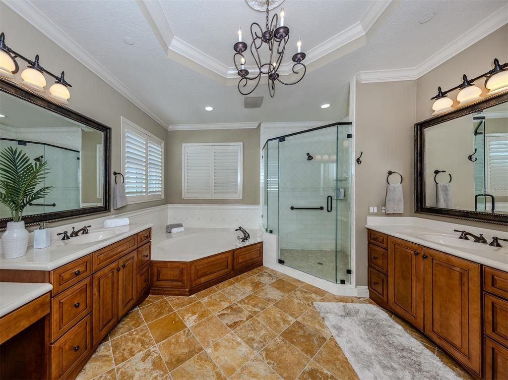 Bathroom, Chandelier, Dual Sink Vanities, Glass Shower, Interior, Recessed Lighting