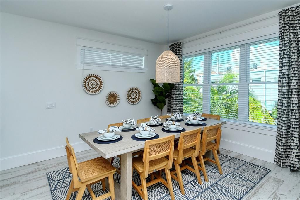 Dining room, Interior, Pendant Lights, Wood Texture Flooring