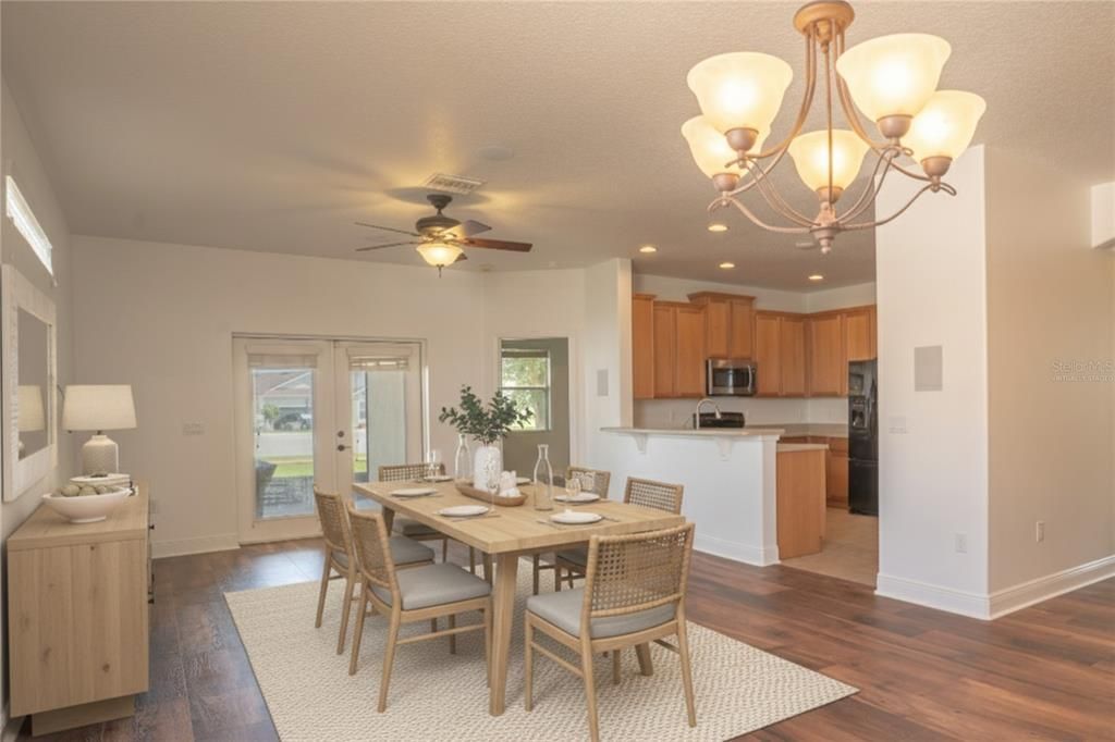 Chandelier, Dining room, Interior, Kitchen, Recessed Lighting, Wood Texture Flooring