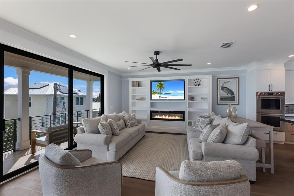 Fireplace, Interior, Living room, Recessed Lighting, Wood Texture Flooring