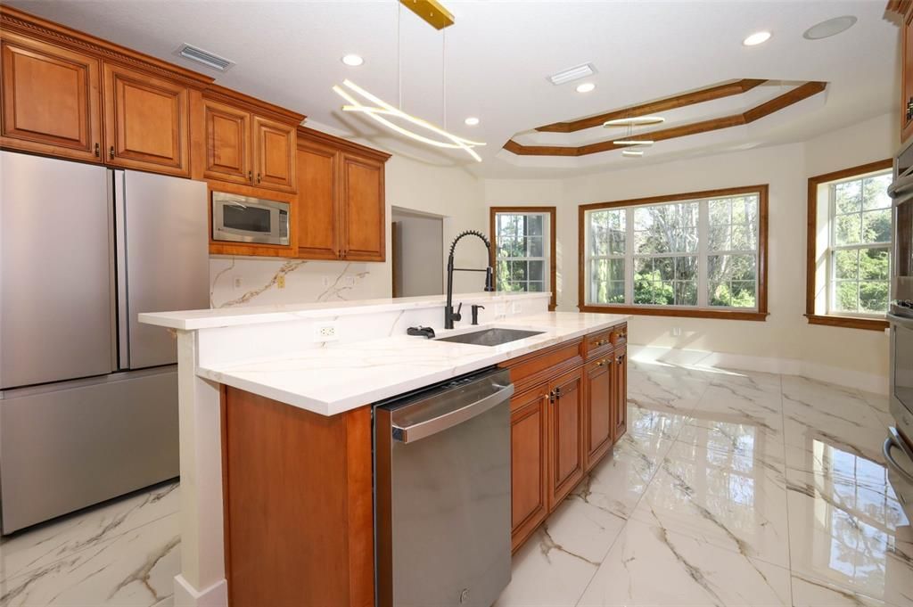 Interior, Kitchen, Marble, Pendant Lights, Recessed Lighting, Stainless Steel Appliances