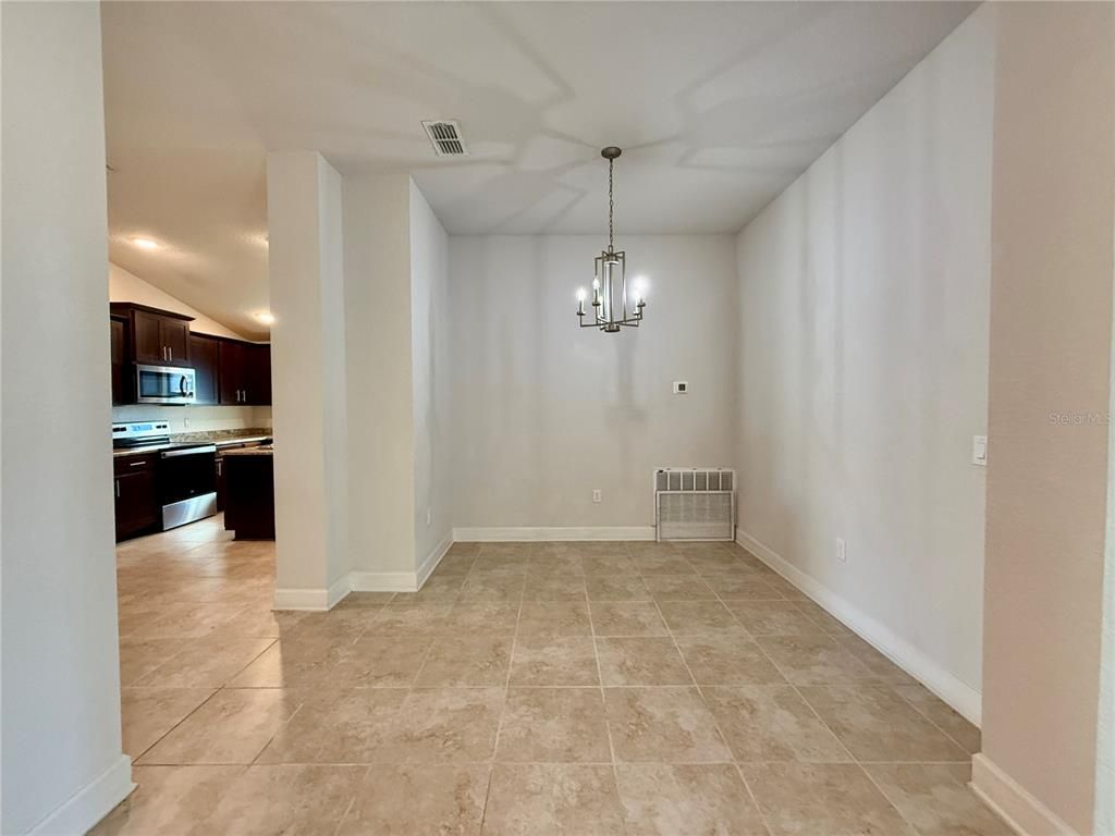 Chandelier, Empty room, Interior, Kitchen, Pendant Lights, Stainless Steel Appliances