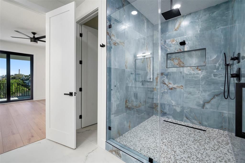 Bathroom, Glass Shower, Interior, Recessed Lighting, Wood Texture Flooring