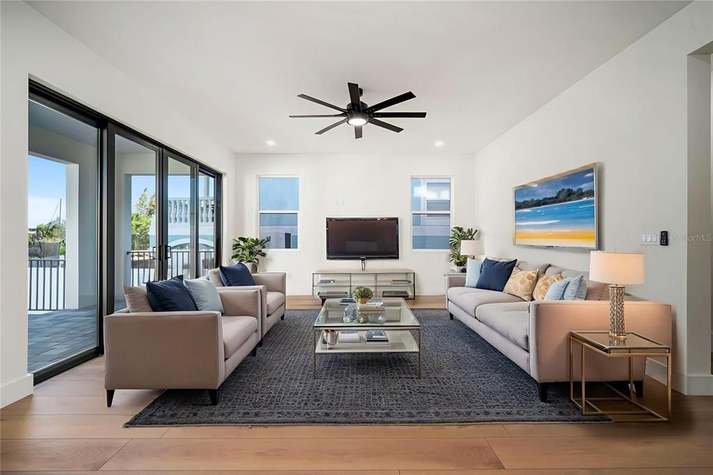 Interior, Living room, Recessed Lighting, Water, Wood Texture Flooring