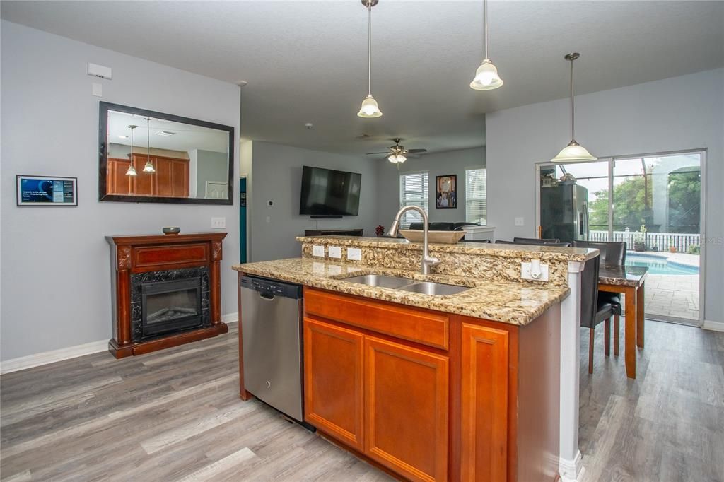Fireplace, Interior, Kitchen, Pendant Lights, Wood Texture Flooring