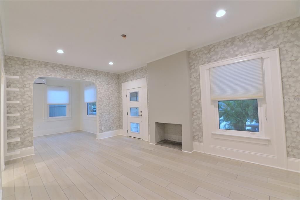 Empty room, Fireplace, Interior, Recessed Lighting, Wood Texture Flooring