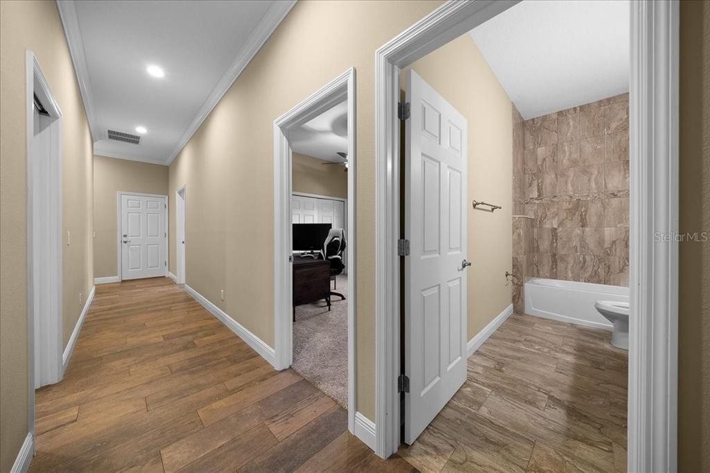 Bathroom, Interior, Recessed Lighting, Wood Texture Flooring