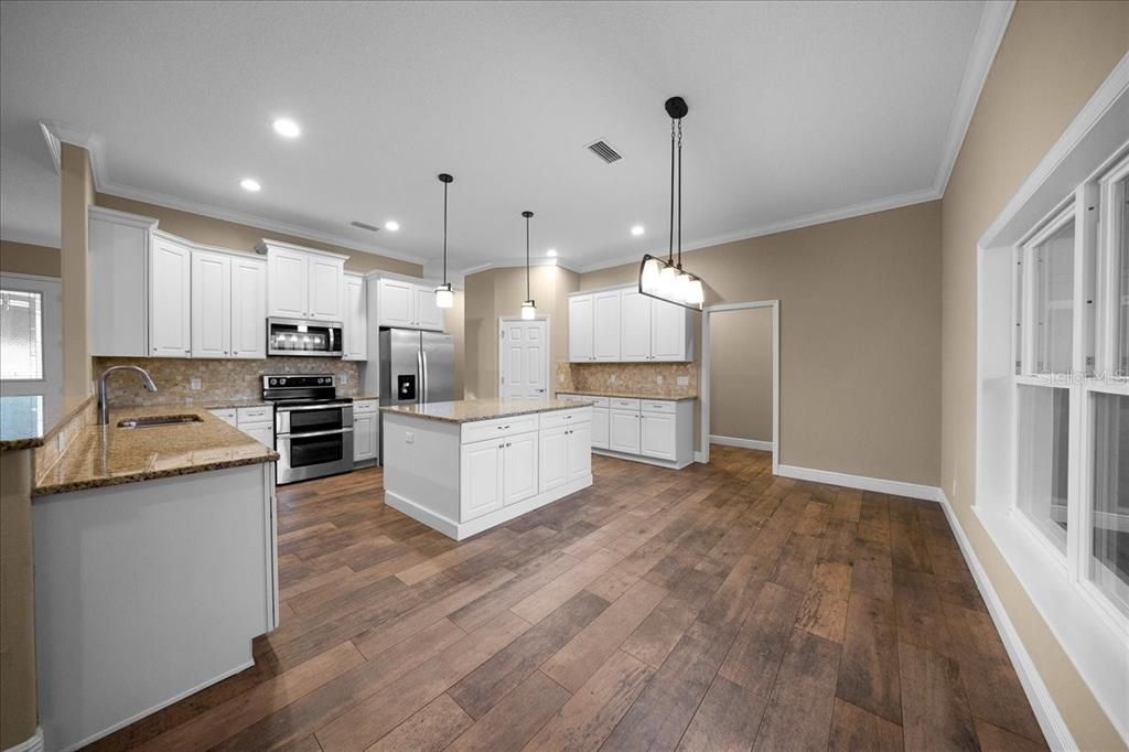 Interior, Kitchen, Pendant Lights, Recessed Lighting, Stainless Steel Appliances, Wood Texture Flooring