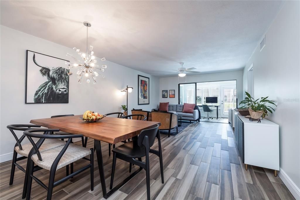 Dining room, Interior, Living room, Pendant Lights, Wood Texture Flooring