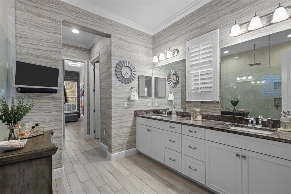 Bathroom, Dual Sink Vanities, Glass Shower, Interior, Recessed Lighting, Wood Texture Flooring