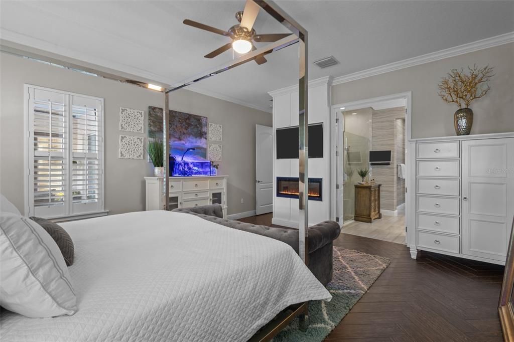 Bedroom, Fireplace, Interior, Wood Texture Flooring