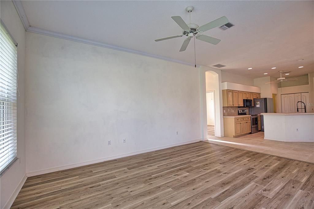 Empty room, Interior, Kitchen, Recessed Lighting, Wood Texture Flooring