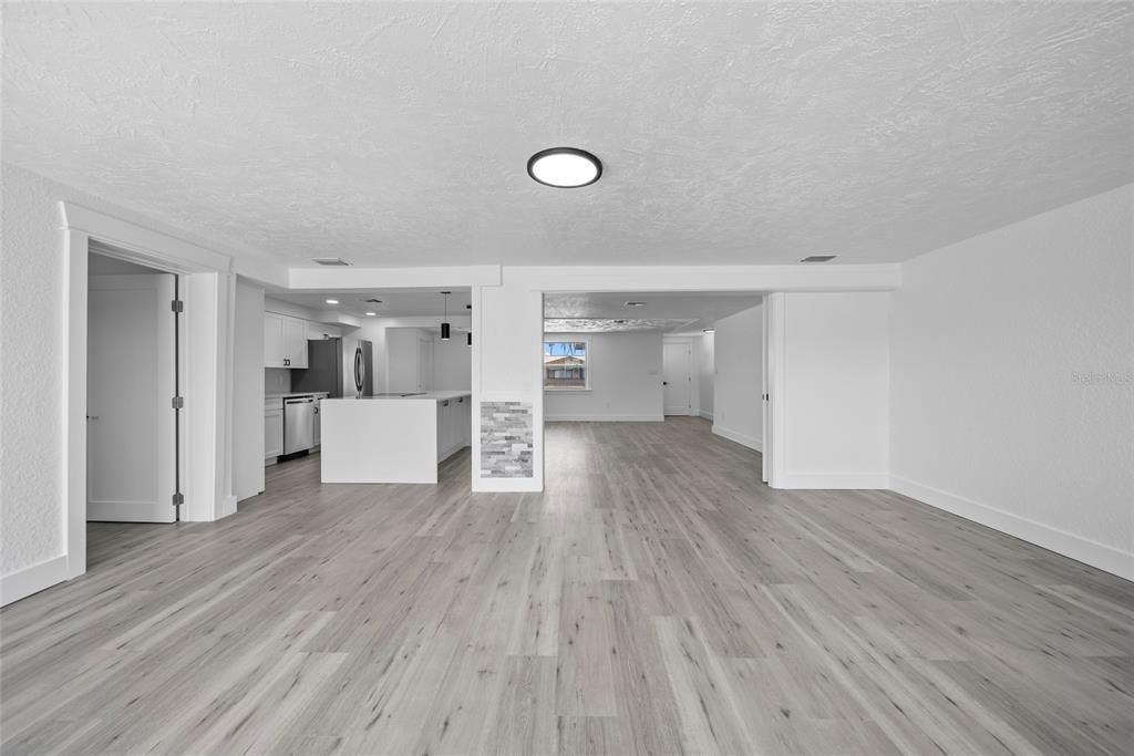 Empty room, Interior, Kitchen, Recessed Lighting, Wood Texture Flooring