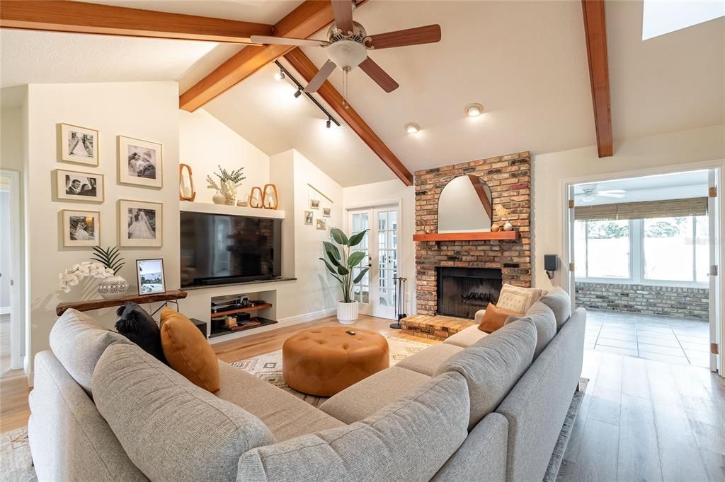 Fireplace, Interior, Living room, Stone Walls, Wooden Beams, Wood Texture Flooring