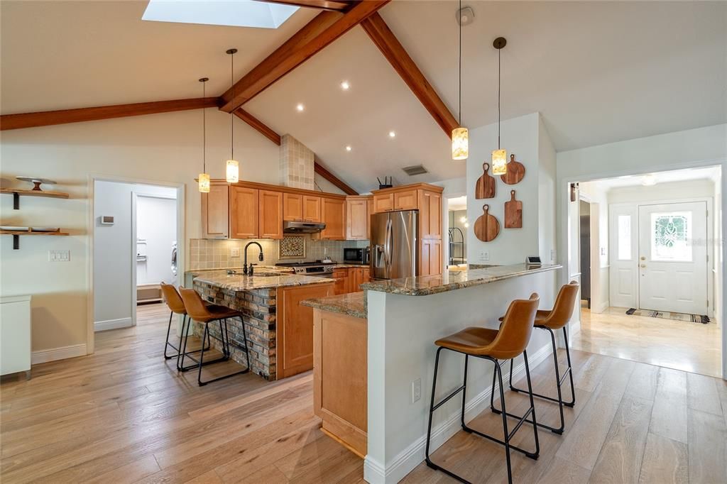 Interior, Kitchen, Pendant Lights, Recessed Lighting, Stainless Steel Appliances, Wooden Beams, Wood Texture Flooring