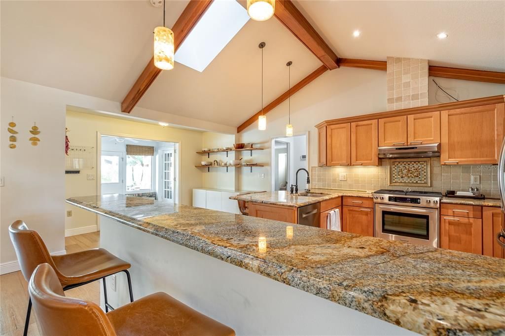 Interior, Kitchen, Pendant Lights, Recessed Lighting, Stainless Steel Appliances, Wooden Beams, Wood Texture Flooring