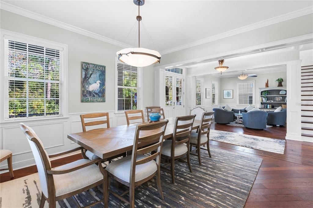 Dining room, Interior, Living room, Pendant Lights, Wood Texture Flooring