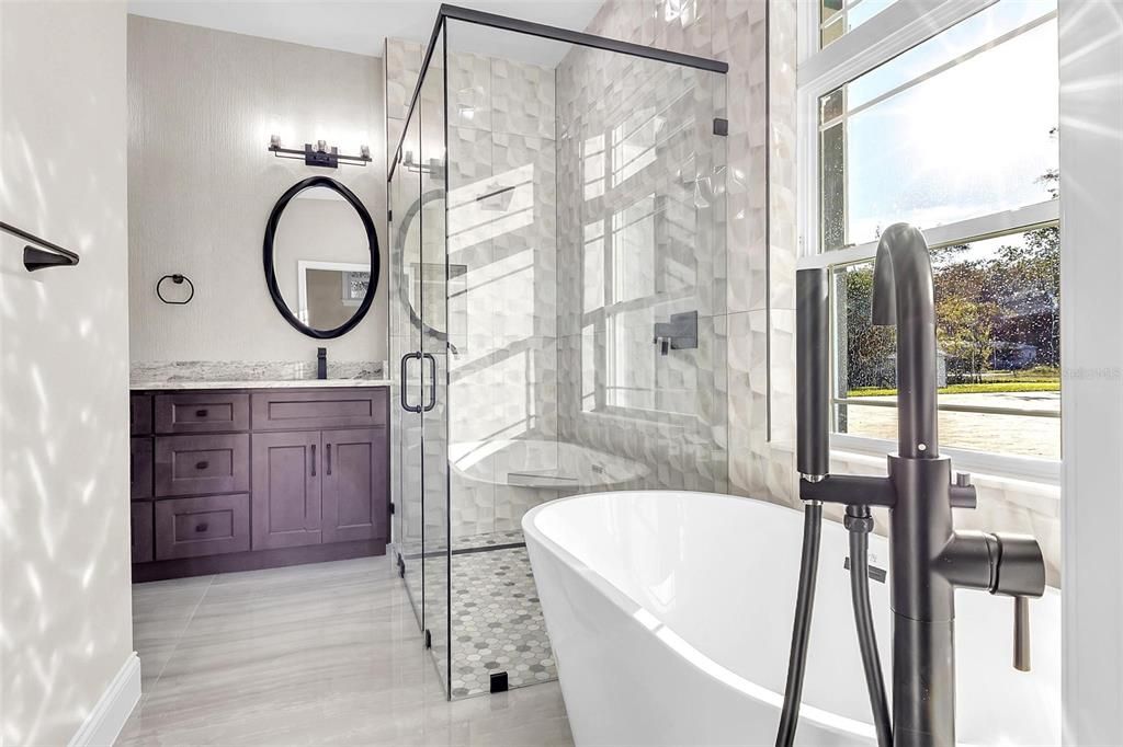 Bathroom, Free Standing Baths, Glass Shower, Interior, Marble Walls