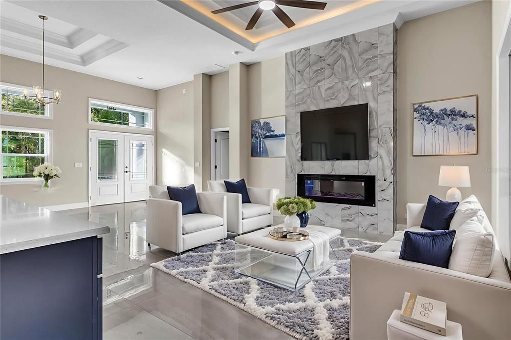 Fireplace, Interior, Living room, Marble Walls, Pendant Lights, Recessed Lighting