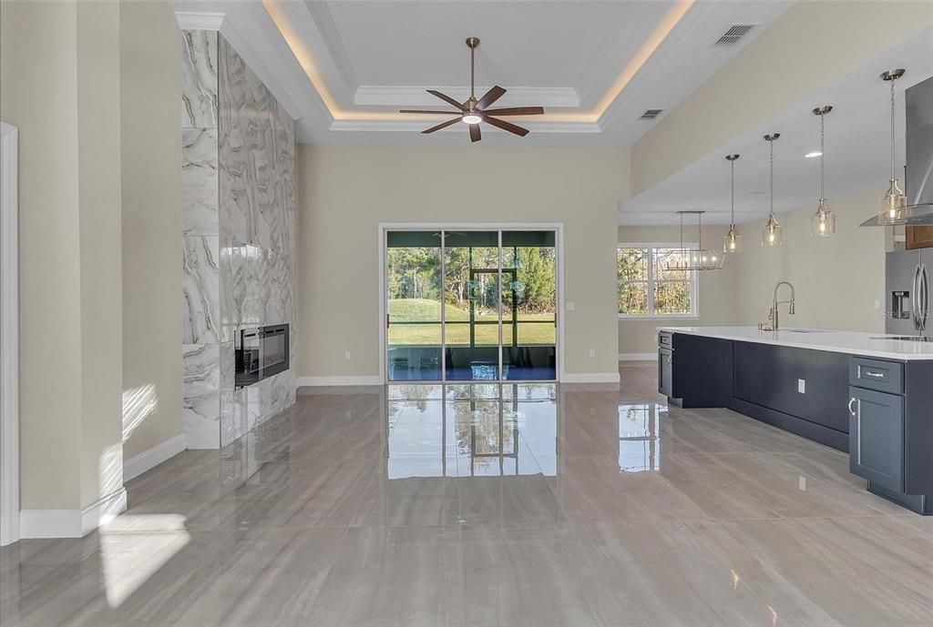 Fireplace, Interior, Kitchen, Marble Walls, Pendant Lights, Recessed Lighting