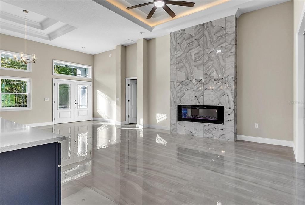 Empty room, Fireplace, Interior, Marble, Marble Walls, Pendant Lights, Recessed Lighting