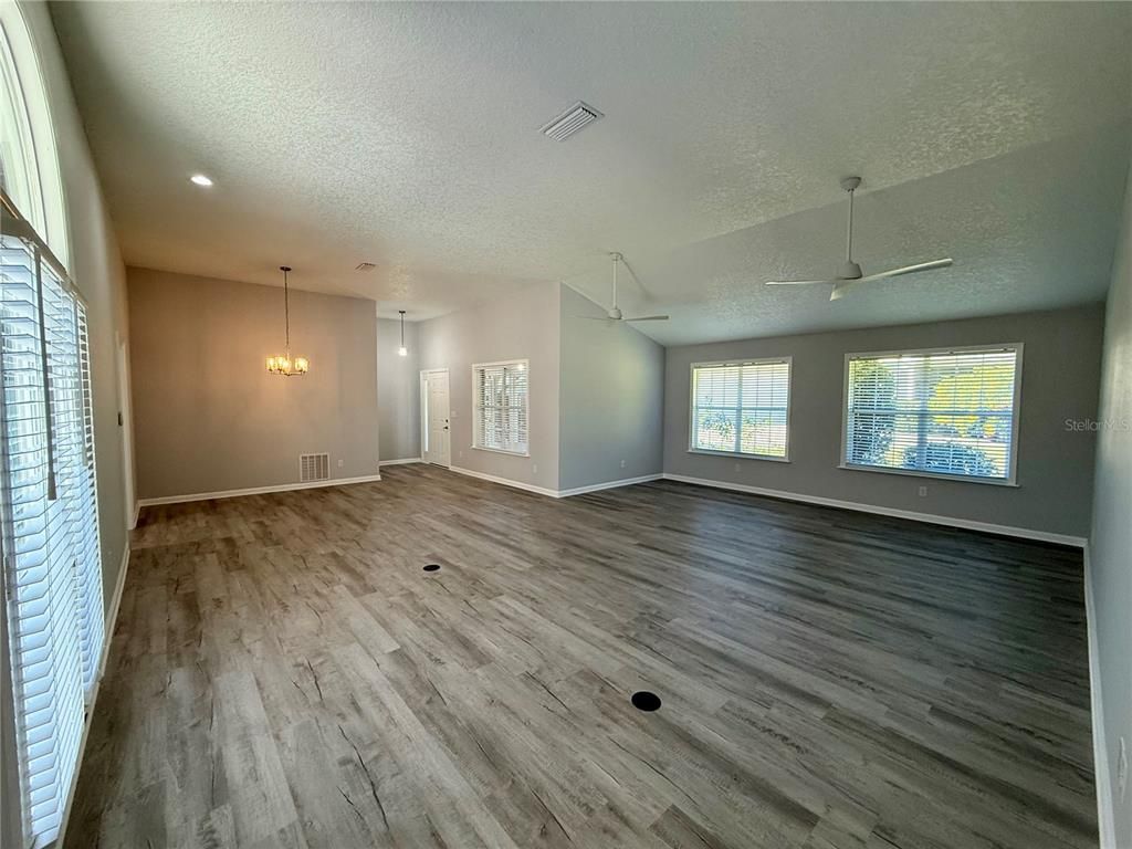 Empty room, Interior, Pendant Lights, Recessed Lighting, Wood Texture Flooring