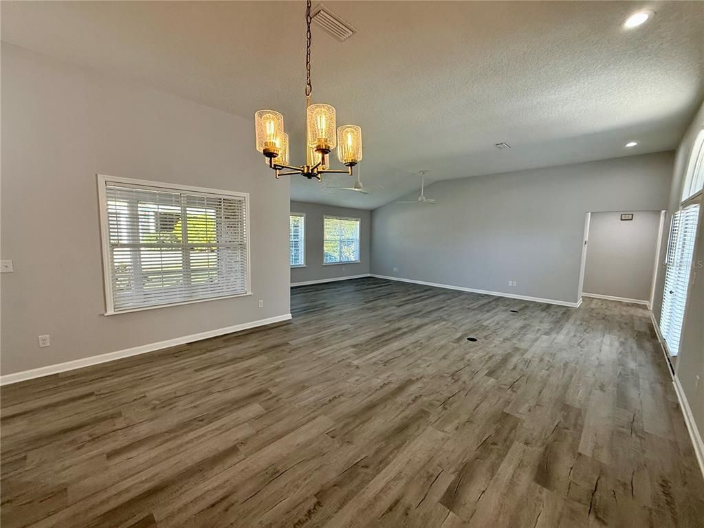 Chandelier, Empty room, Interior, Pendant Lights, Recessed Lighting, Wood Texture Flooring