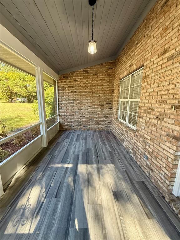 Empty room, Interior, Pendant Lights, Stone Walls, Wood Texture Flooring