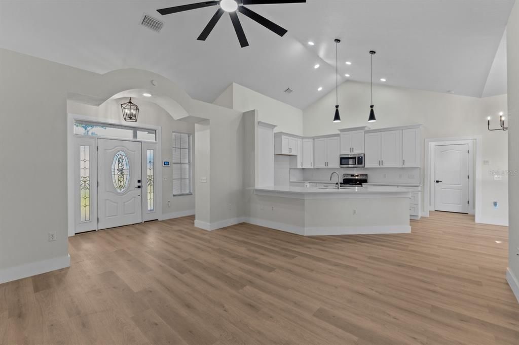 Interior, Kitchen, Pendant Lights, Recessed Lighting, Stainless Steel Appliances, Wood Texture Flooring