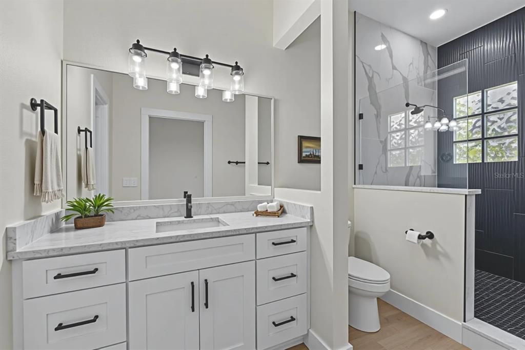 Bathroom, Interior, Marble Walls, Recessed Lighting, Wood Texture Flooring