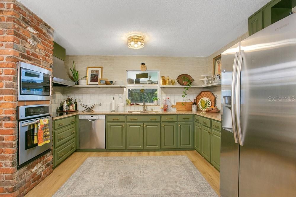 Interior, Kitchen, Stainless Steel Appliances, Stone Walls, Wood Texture Flooring