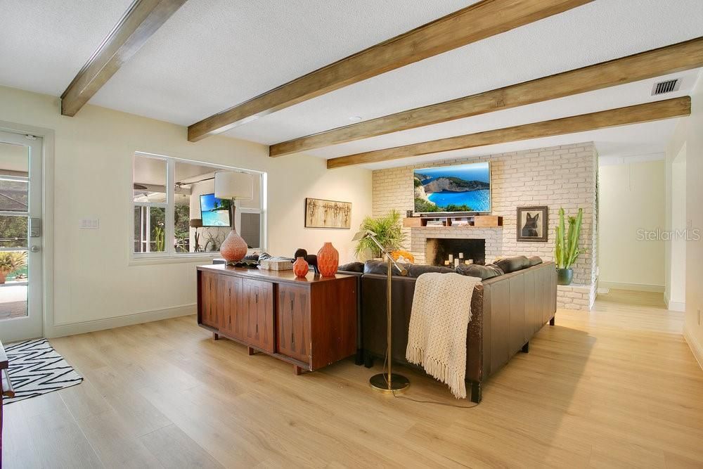 Fireplace, Interior, Living room, Stone Walls, Wooden Beams, Wood Texture Flooring