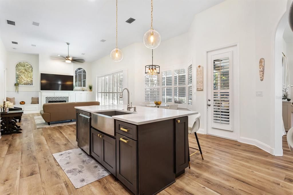 Interior, Kitchen, Living room, Pendant Lights, Recessed Lighting, Wood Texture Flooring