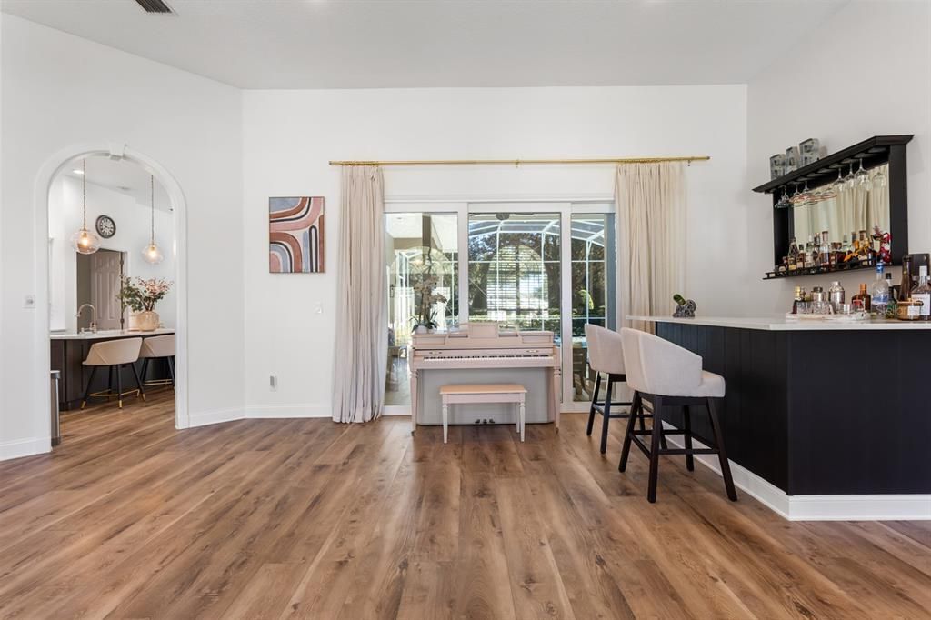 Dining room, Interior, Pendant Lights, Wood Texture Flooring